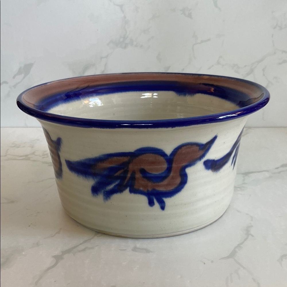 Studio Art Pottery Glazed Bowl Pot Grey Brown Blue Bird Design Vintage Farmhouse